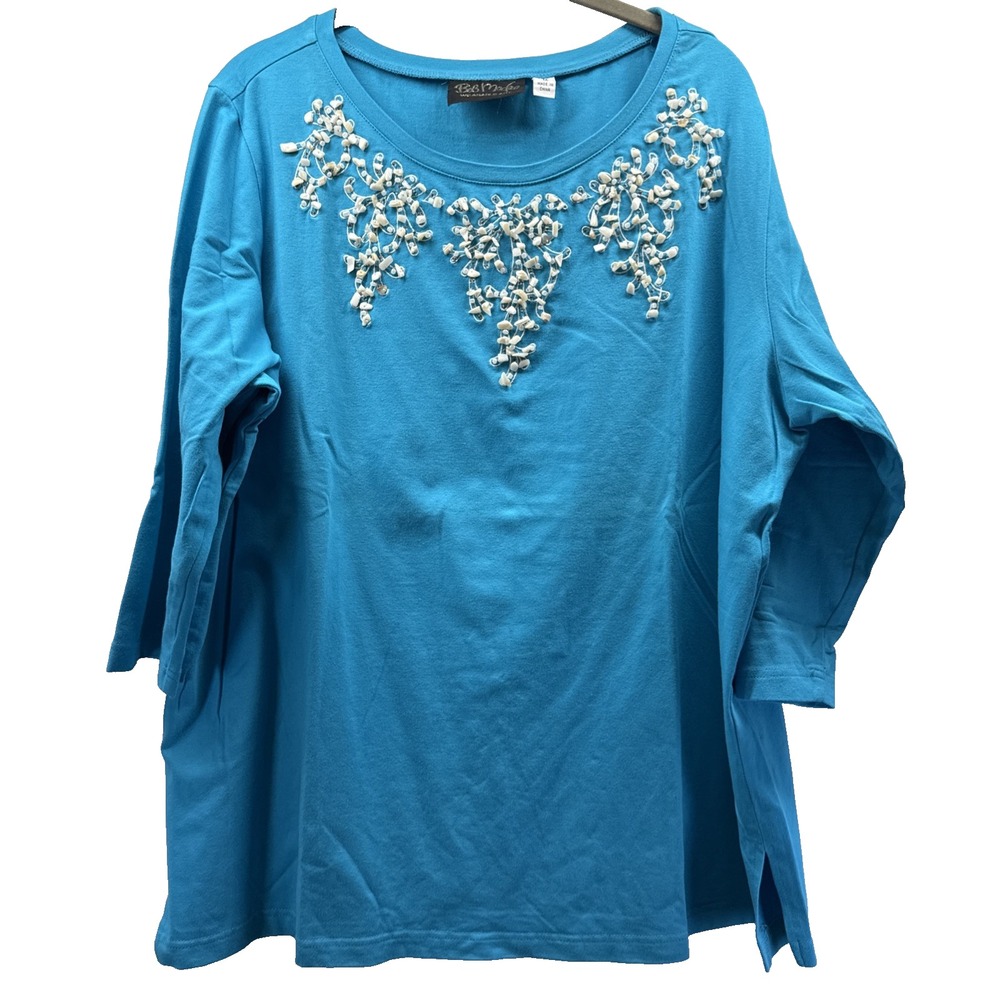 Bob Mackie Women's Top Sz 1X Plus Beaded Blue Side Slits 3/4 Sleeve Pullover Art